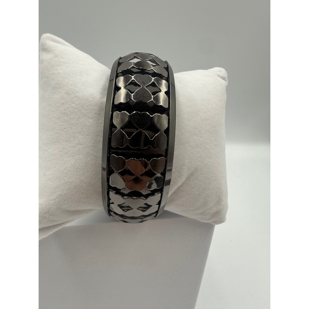 Gunmetal Openwork Geometric Clover Bangle Bracelet‎ Wide Dark Metallic Cuff